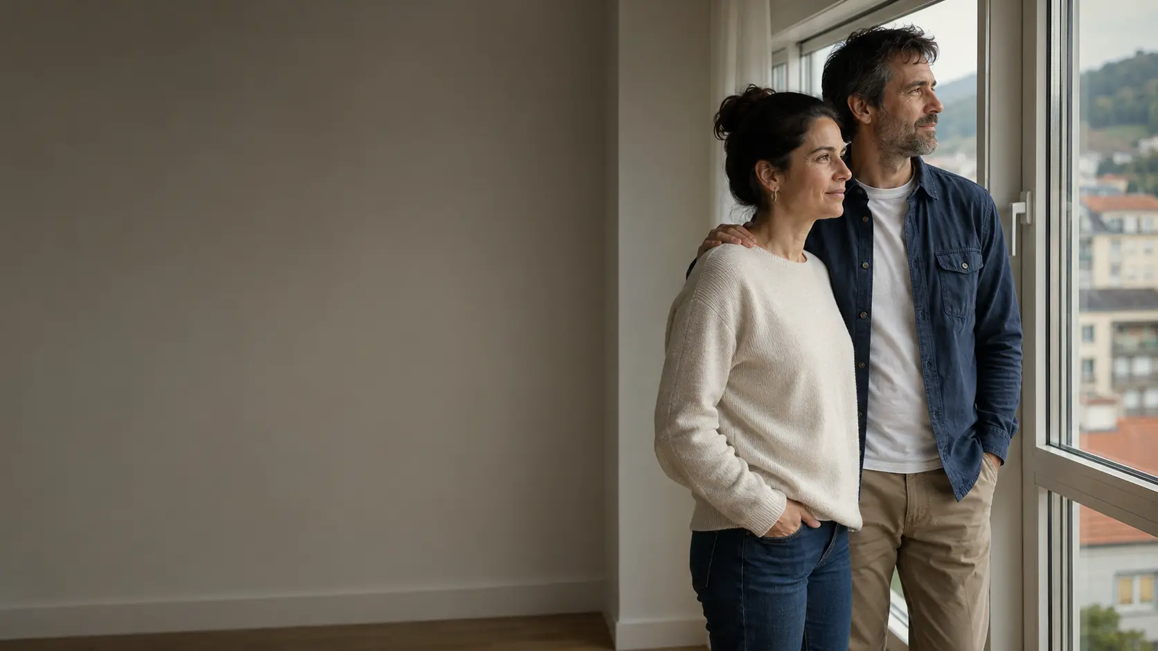 Pareja en una vivienda luminosa mirando hacia un nuevo comienzo